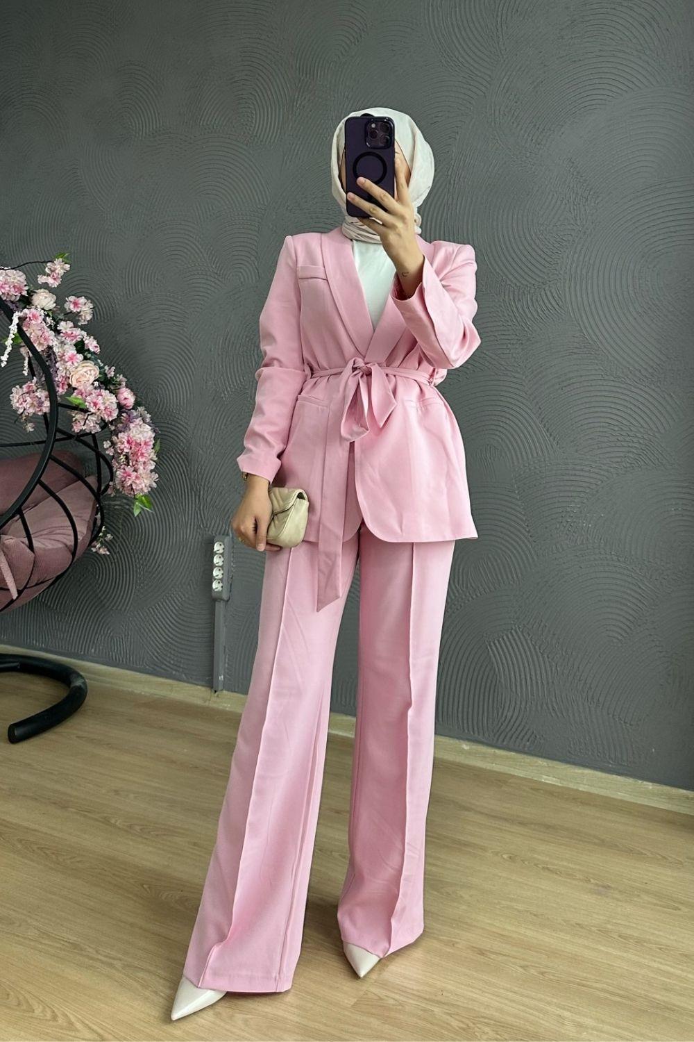 Kemerli Palazzo Takım Pembe 8348 