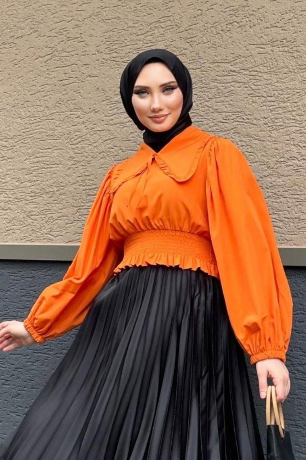 Yakalı Kısa Tesettür Bluz Turuncu 8580 