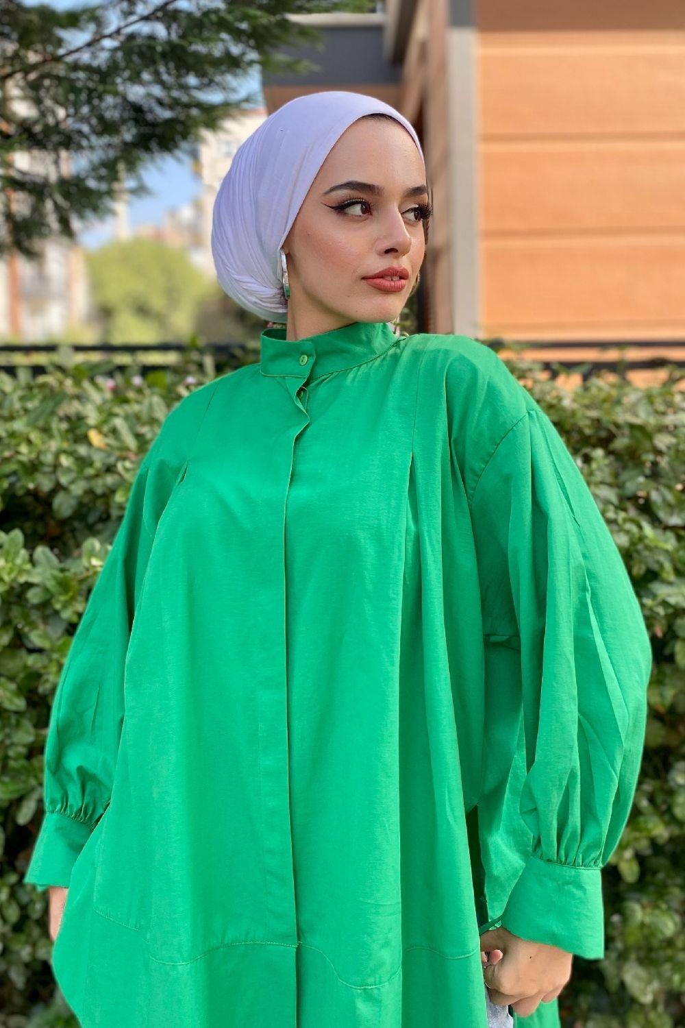 Geniş Pileli Poplin Gömlek Yeşil 8622 