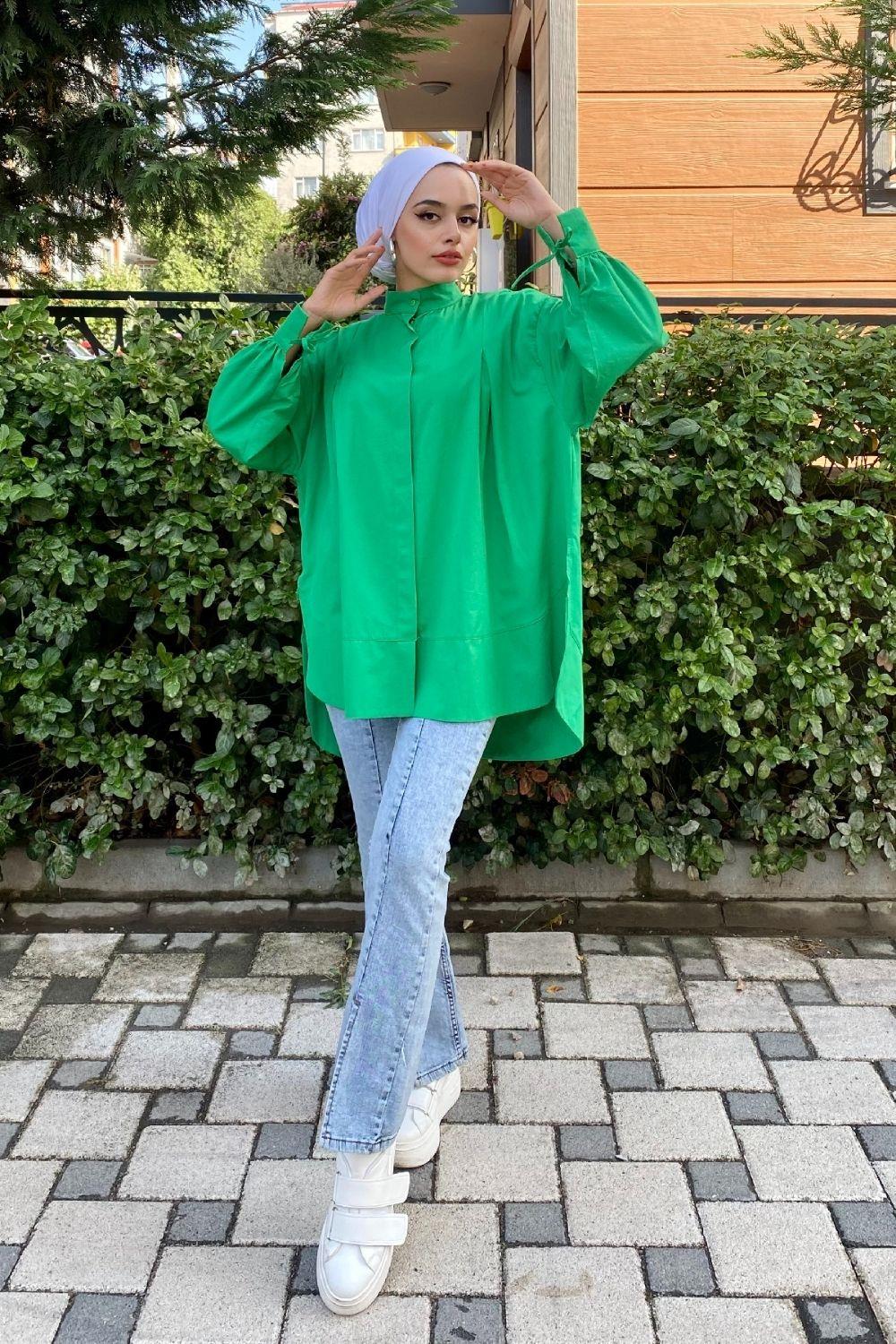 Geniş Pileli Poplin Gömlek Yeşil 8622 
