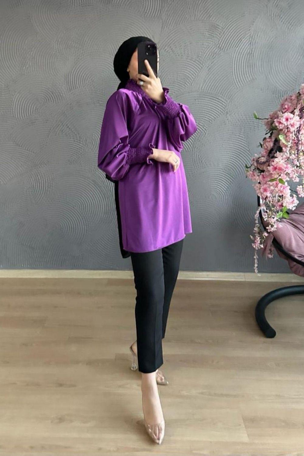 Kolu Ve Boynu Büzgülü Tunik Mor 8650 