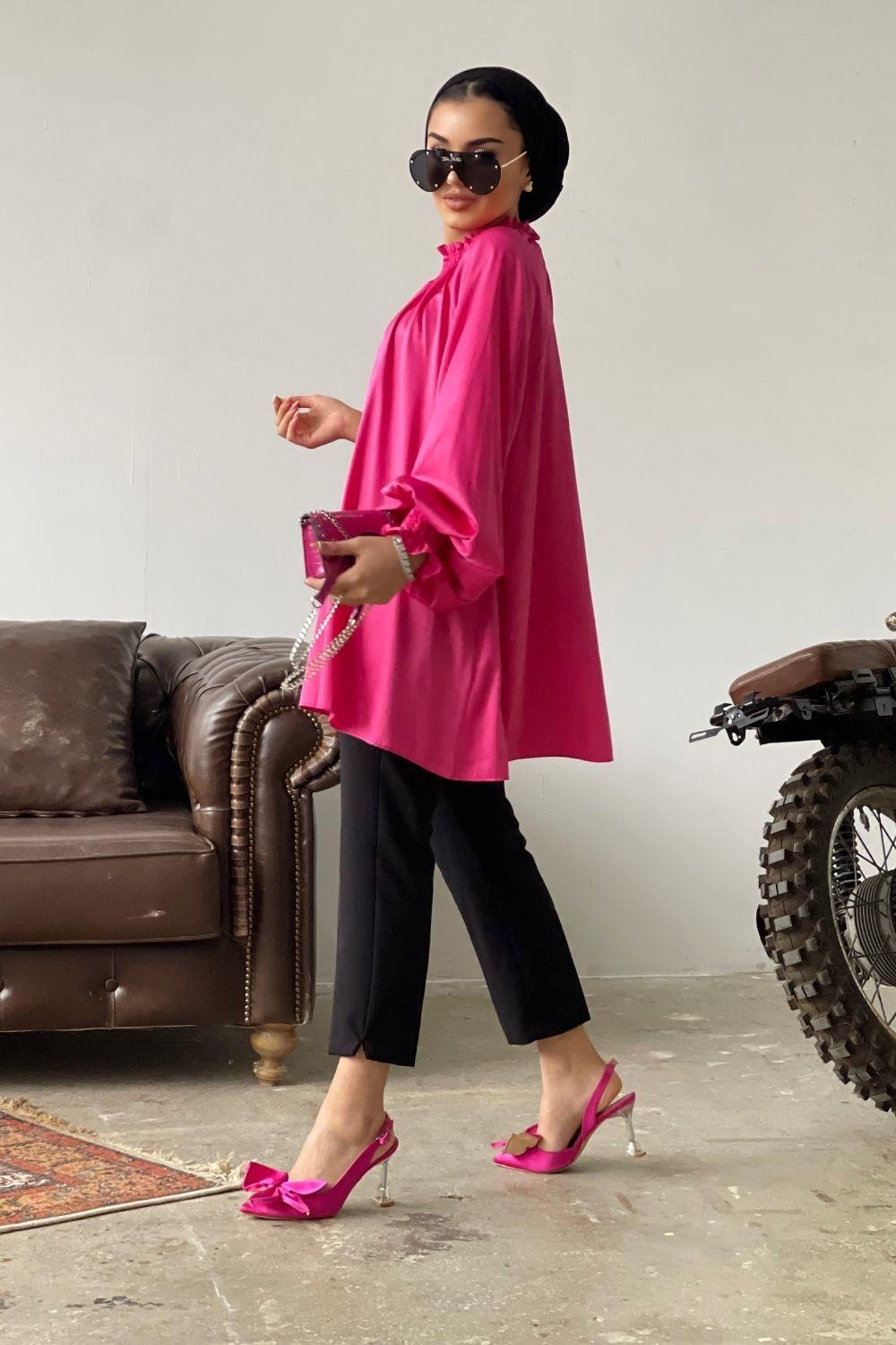 Kolu Ve Boynu Büzgülü Tunik Pembe 8650 