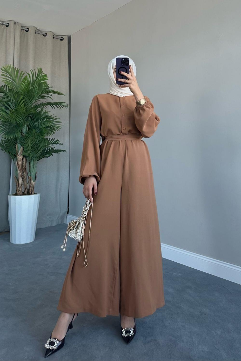 Düğmeli Kuşaklı Tulum Taba 8667 