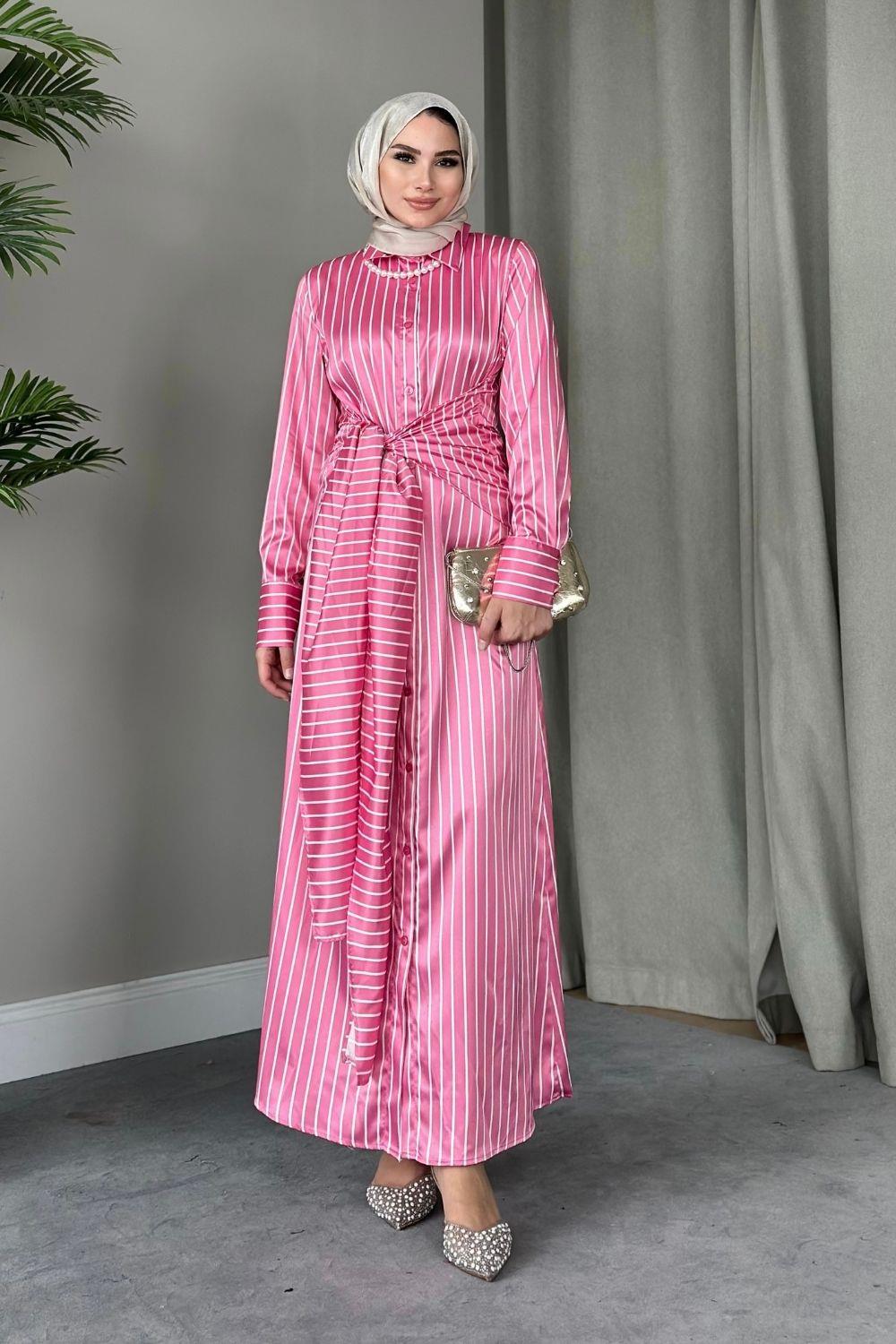 Bağlamalı Saten Elbise Pembe 8674 