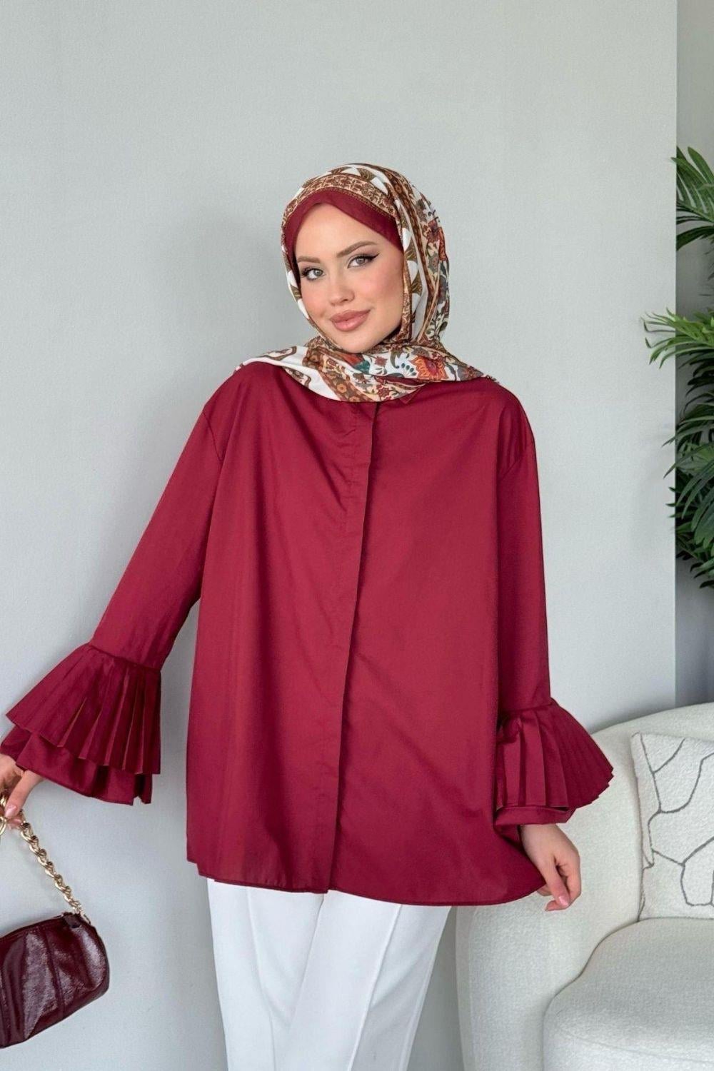 Kolu Piliseli Uzun Gömlek Bordo 8973 