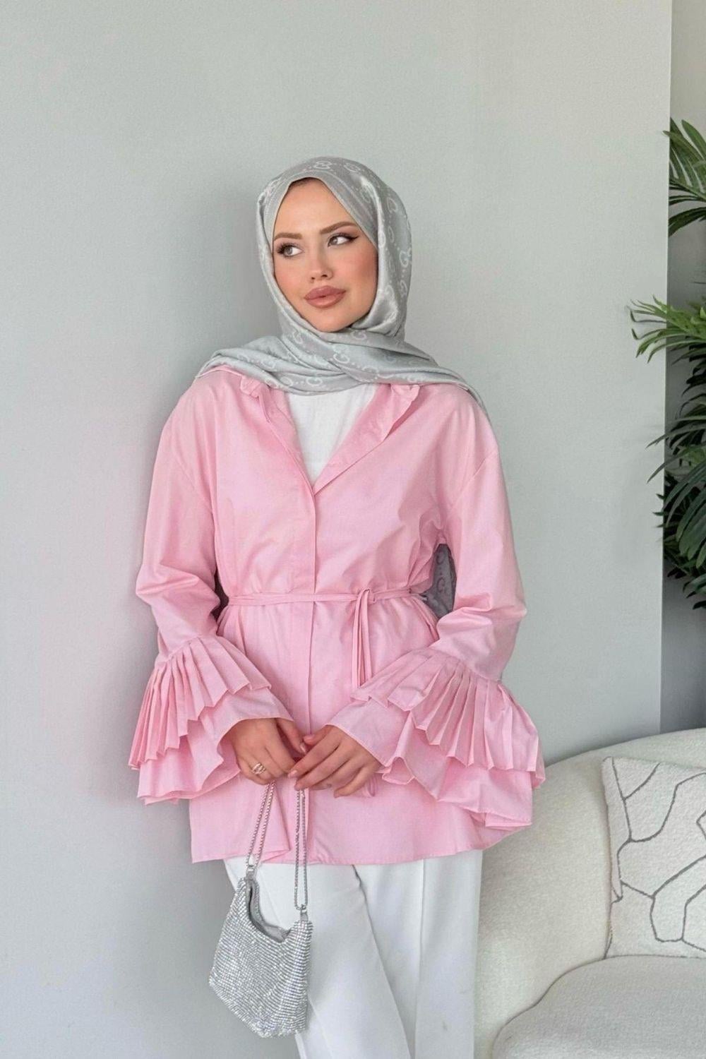 Kolu Piliseli Uzun Gömlek Pembe 8973 