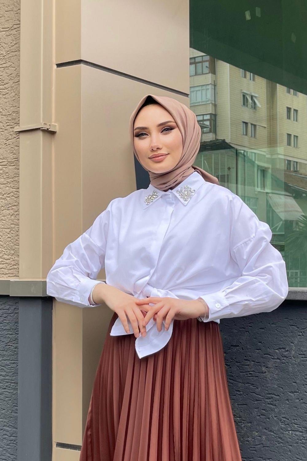 Yakası Taşlı Gömlek Beyaz 9001 