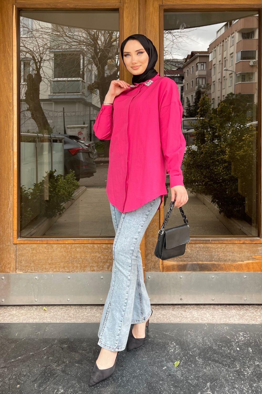 Yakası Taşlı Gömlek Pembe 9001 