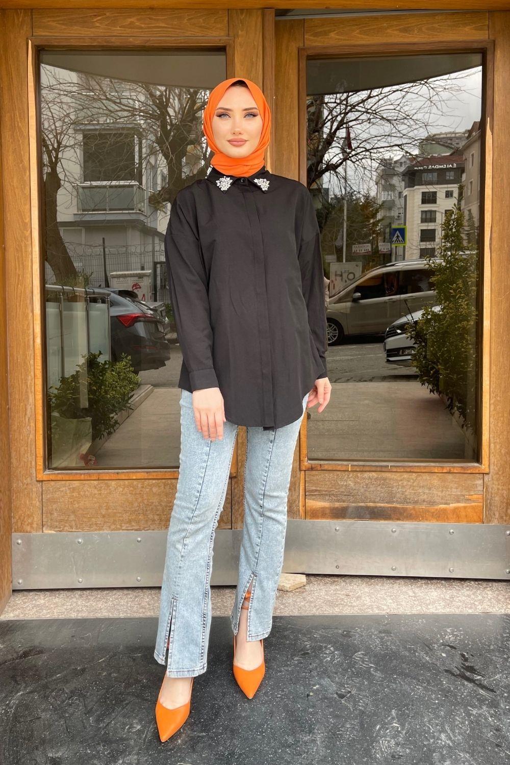 Yakası Taşlı Gömlek Siyah 9001 