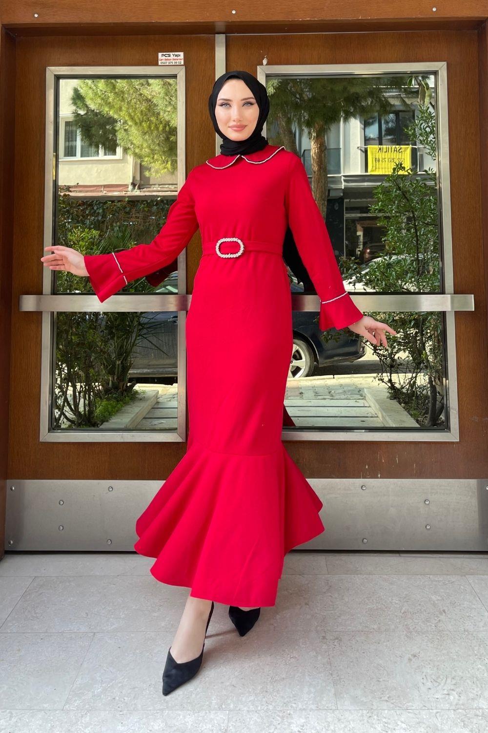 Bebe Yaka Taşlı Krep Elbise Kırmızı 9464 