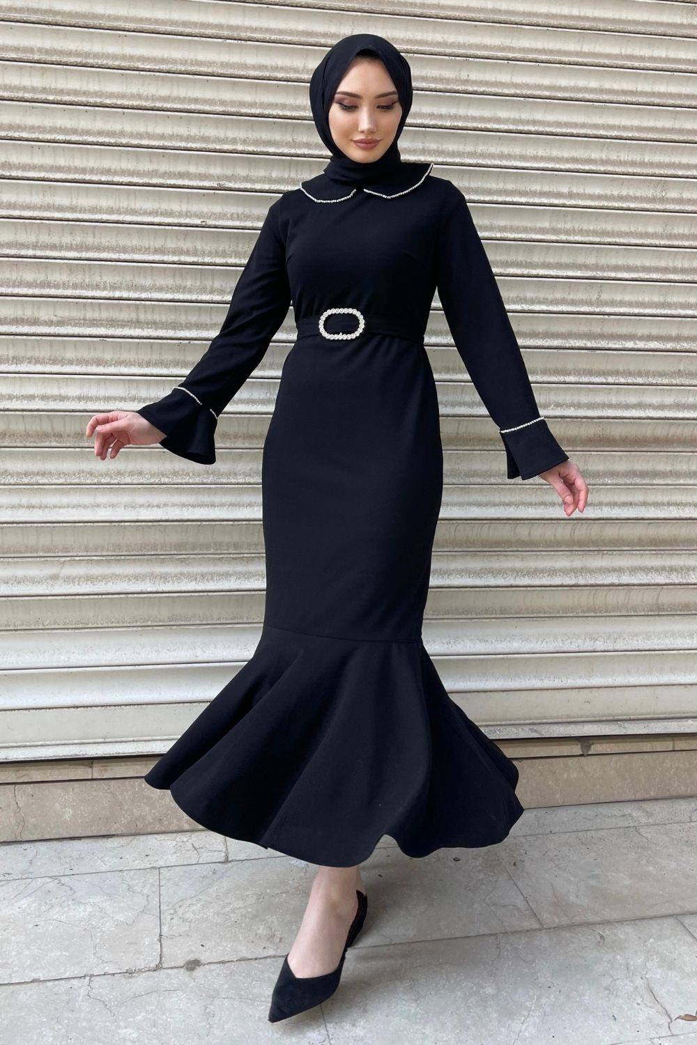 Bebe Yaka Taşlı Krep Elbise Siyah 9464 