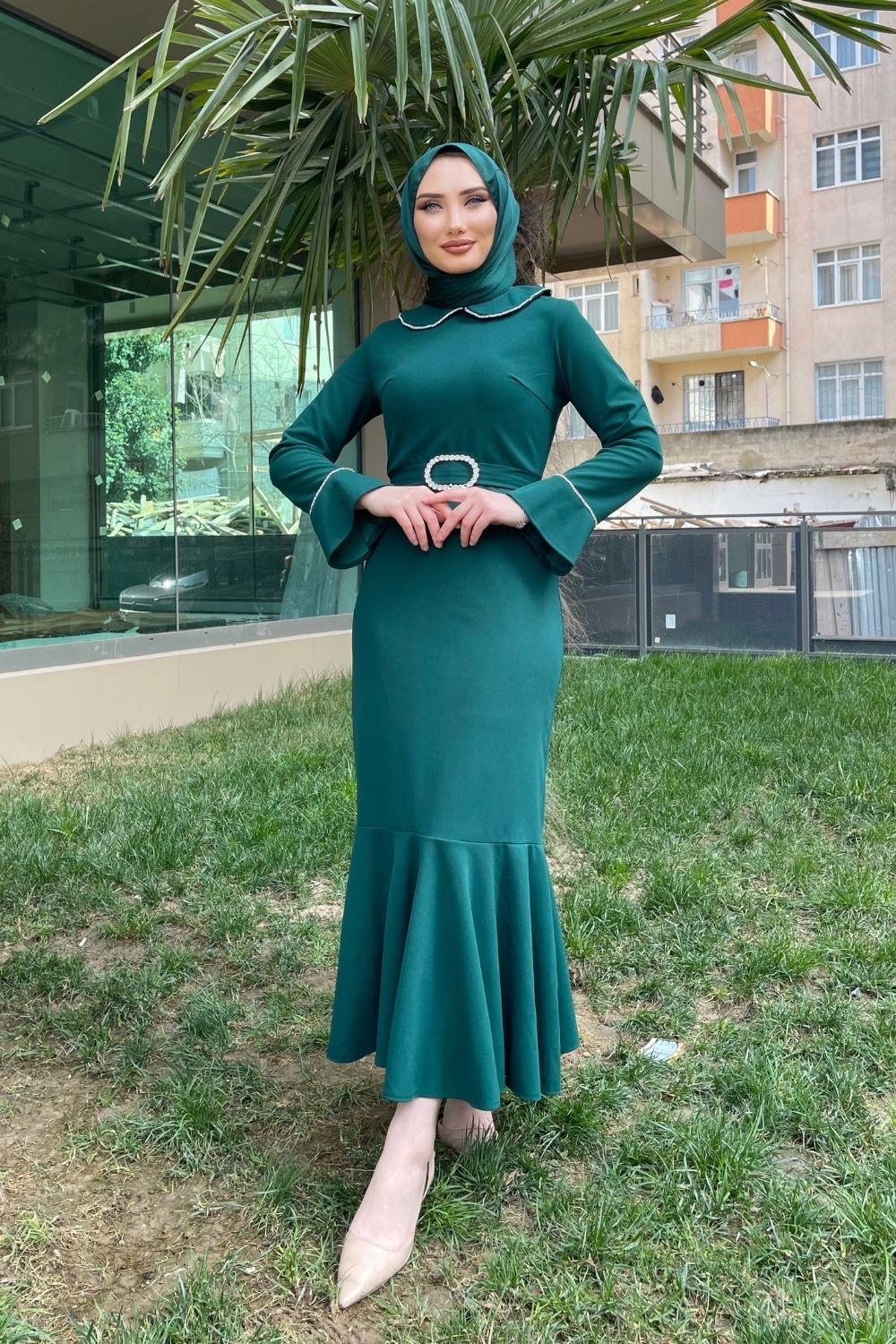 Bebe Yaka Taşlı Krep Elbise Zümrüt 9464 