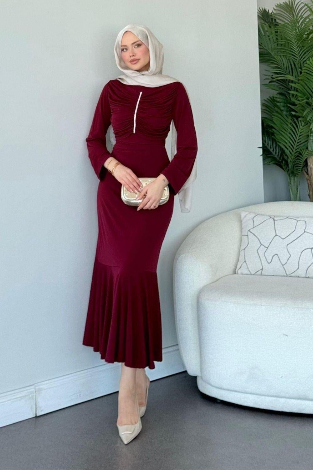 Sandy Taşlı Elbise Bordo 9612 