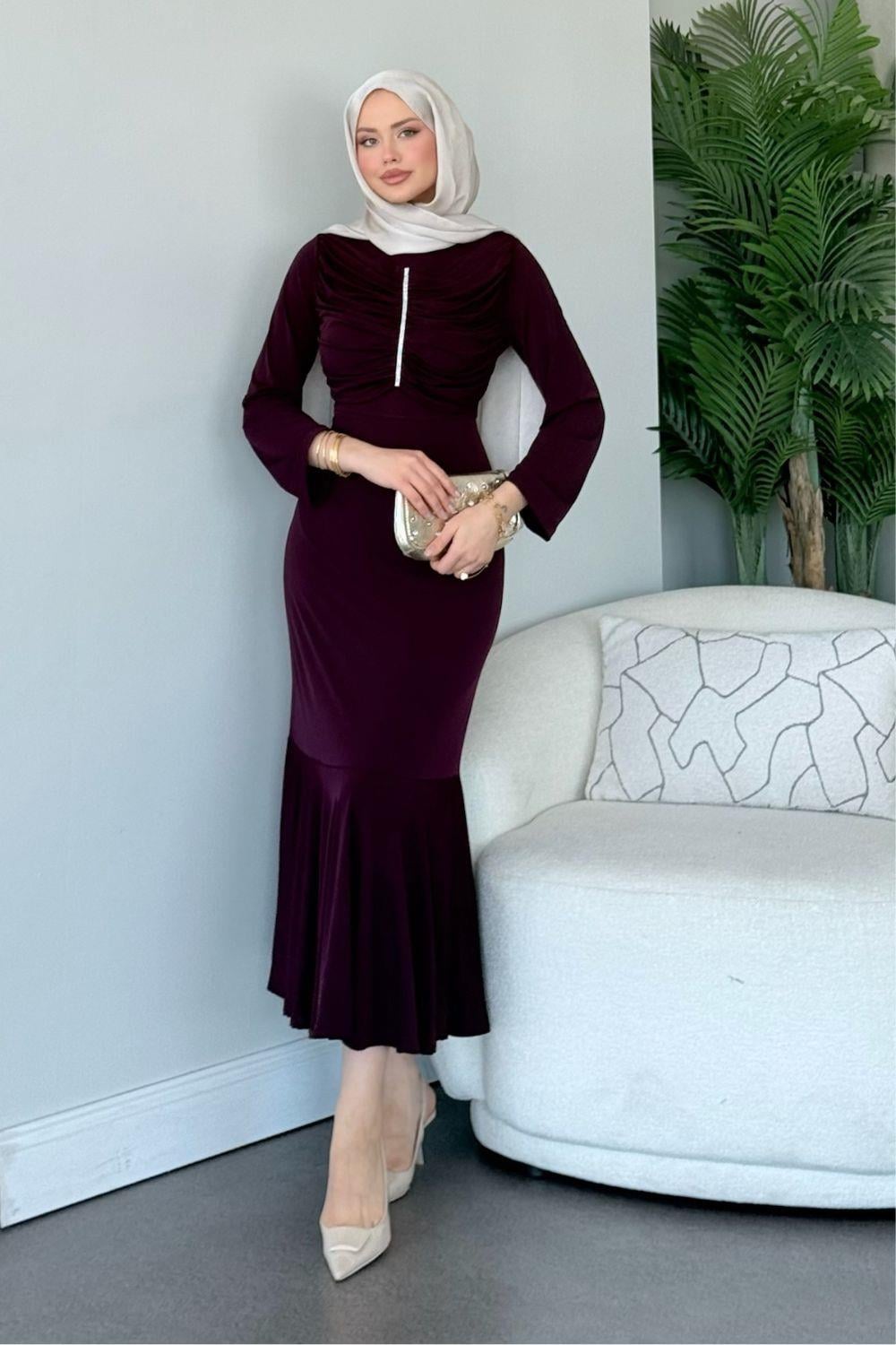 Sandy Taşlı Elbise Mürdüm 9612 