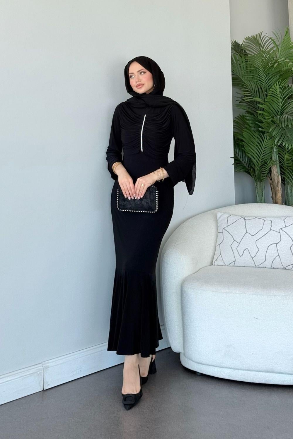 Sandy Taşlı Elbise Siyah 9612 