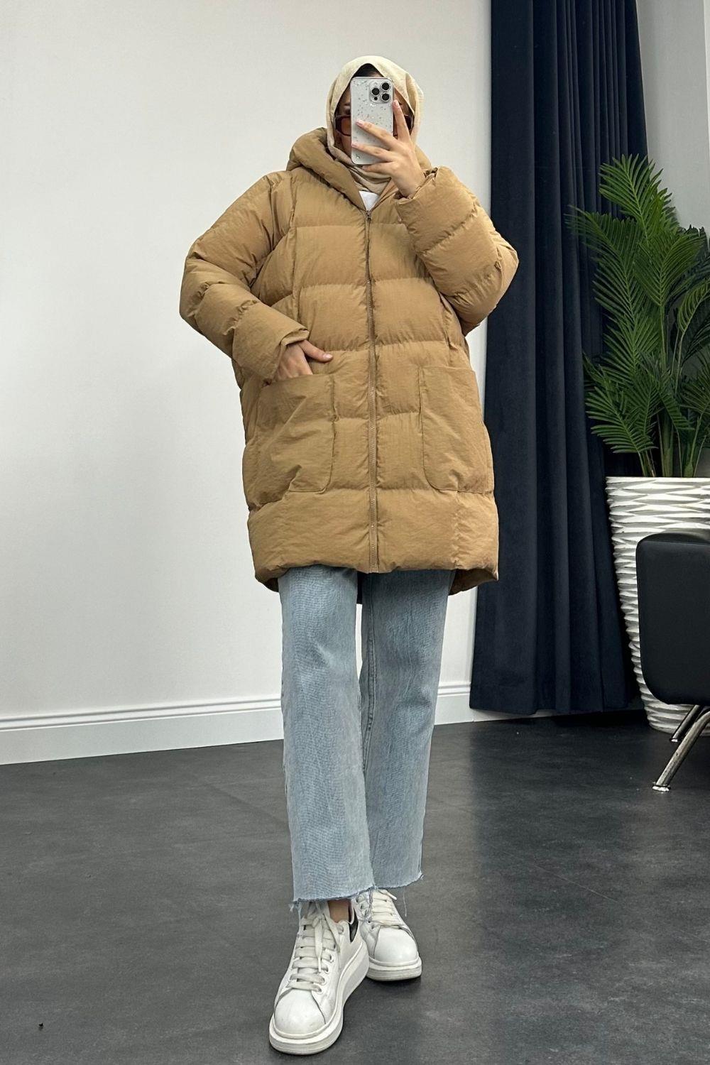 Kapşonlu Cepli Mont Camel 9898 