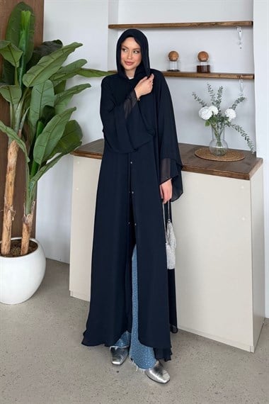 Hümay Çıtçıtlı Şal Detay Abaya Lacivert 10063 