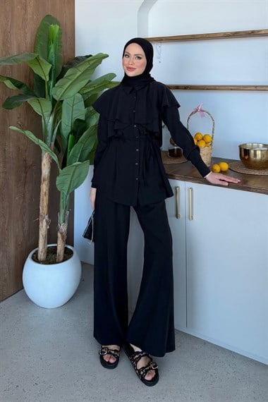 Yaka Volanlı Modal Takım Siyah 20253 