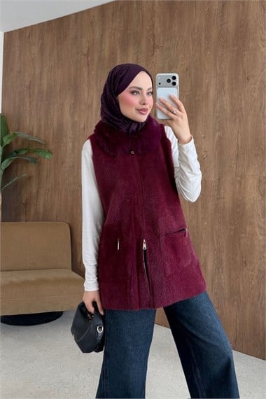 Leila Kürk Yaka Yelek Bordo 26100 