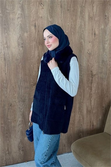 Leila Kürk Yaka Yelek Lacivert 26100 