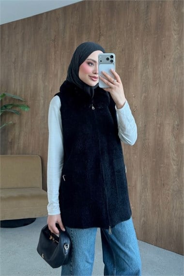 Leila Kürk Yaka Yelek Siyah 26100 