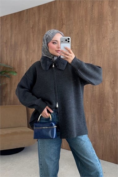 Julie Kürk Yaka Hırka Füme 26248 