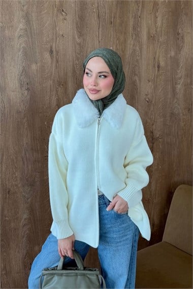 Julie Kürk Yaka Hırka Krem 26248 