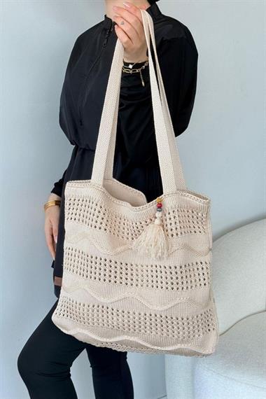 Dalgalı Hasır Çanta Bej 3425 
