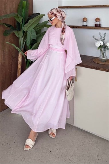 Marina Pelerinli Tül Modal Elbise Pembe 8054 