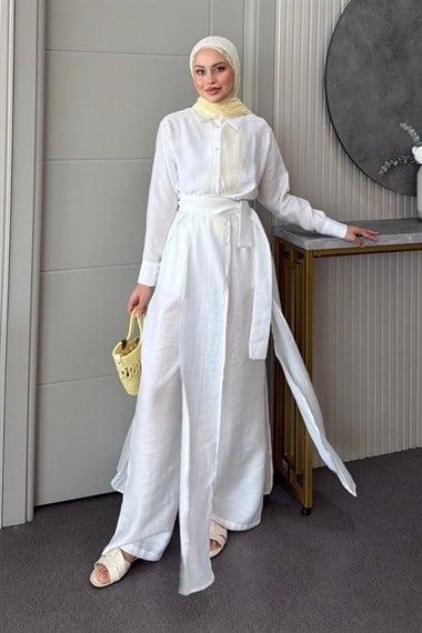 Celine Yırtmaçlı Pantolonlu Takım Beyaz 8058 