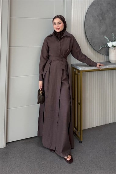 Celine Yırtmaçlı Pantolonlu Takım Kahverengi 8058 