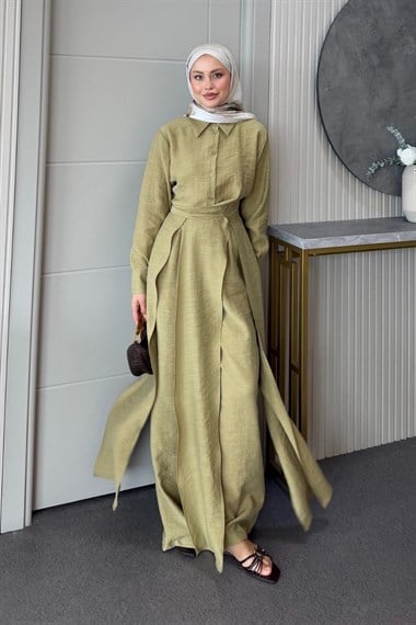 Celine Yırtmaçlı Pantolonlu Takım Yağ Yeşili 8058 