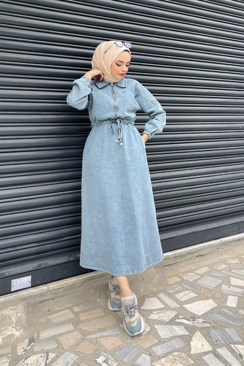 Fermuarlı Kot Elbise Buz Mavisi – Şule Giyim | Tesettür Giyim