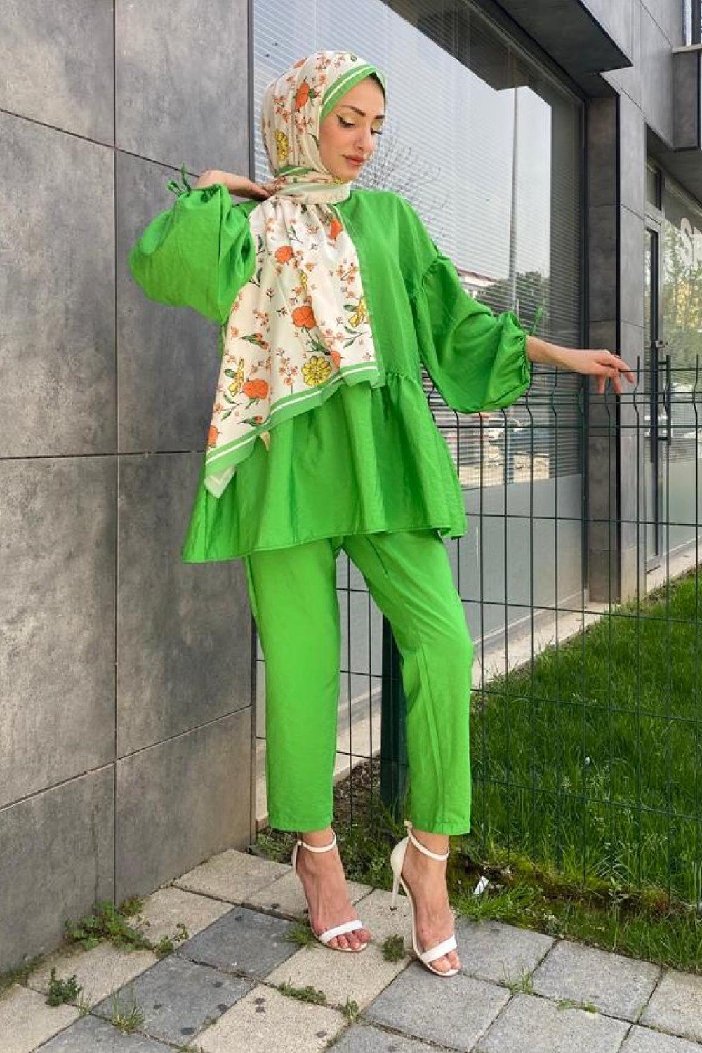 Balon Kol Pantolonlu Takım Yeşil – Şule Giyim | Tesettür Giyim