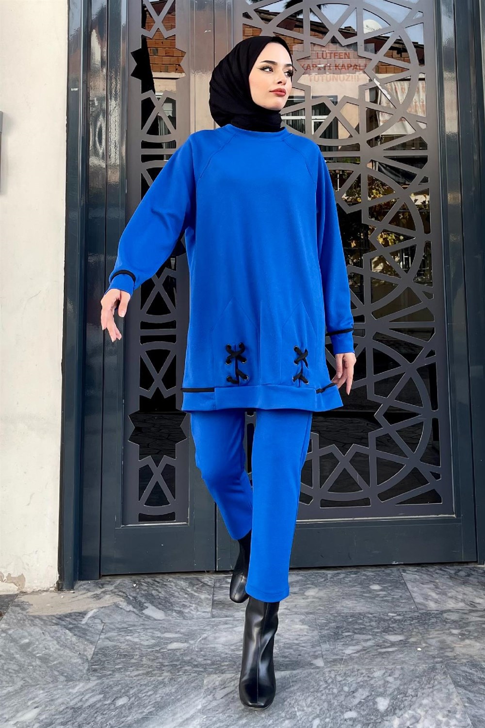 İp Detaylı Takım Mavi – Şule Giyim | Tesettür Giyim