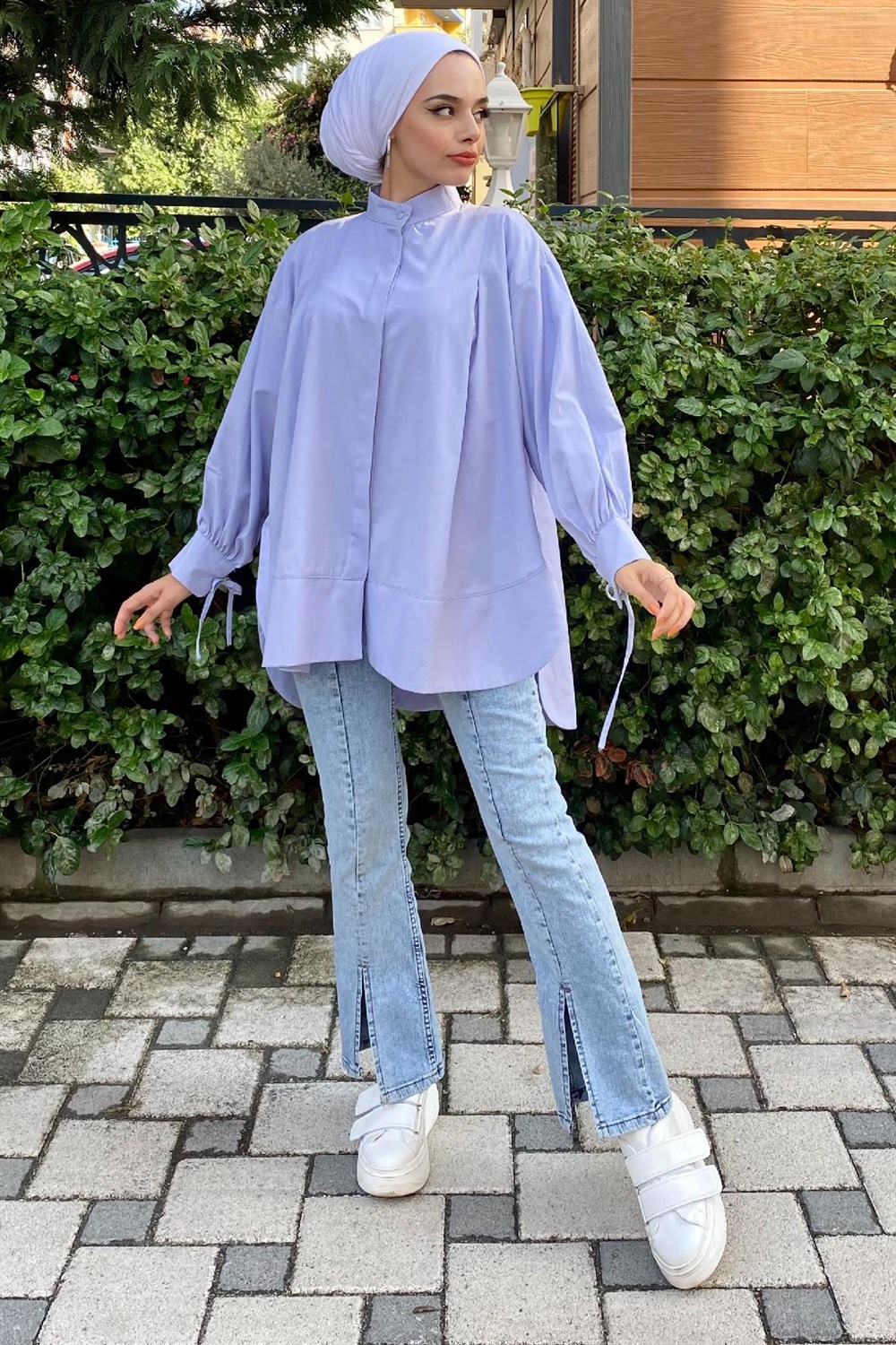 Geniş Pileli Poplin Gömlek Lila – Şule Giyim | Tesettür Giyim