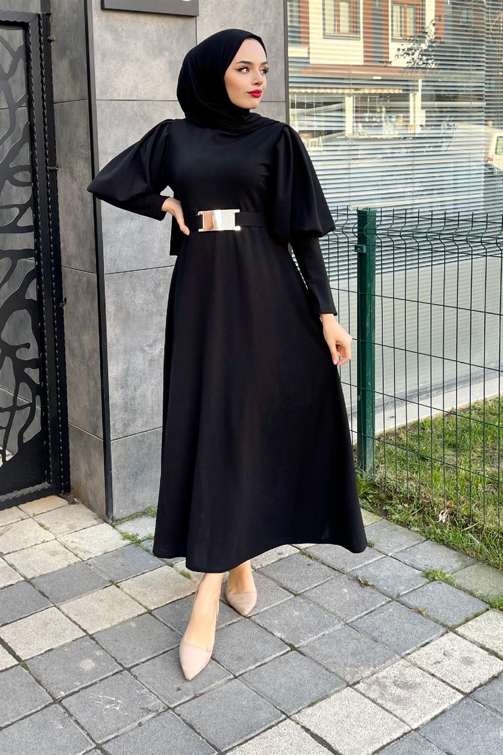 Balon Kol Kemerli Elbise Siyah – Şule Giyim | Tesettür Giyim