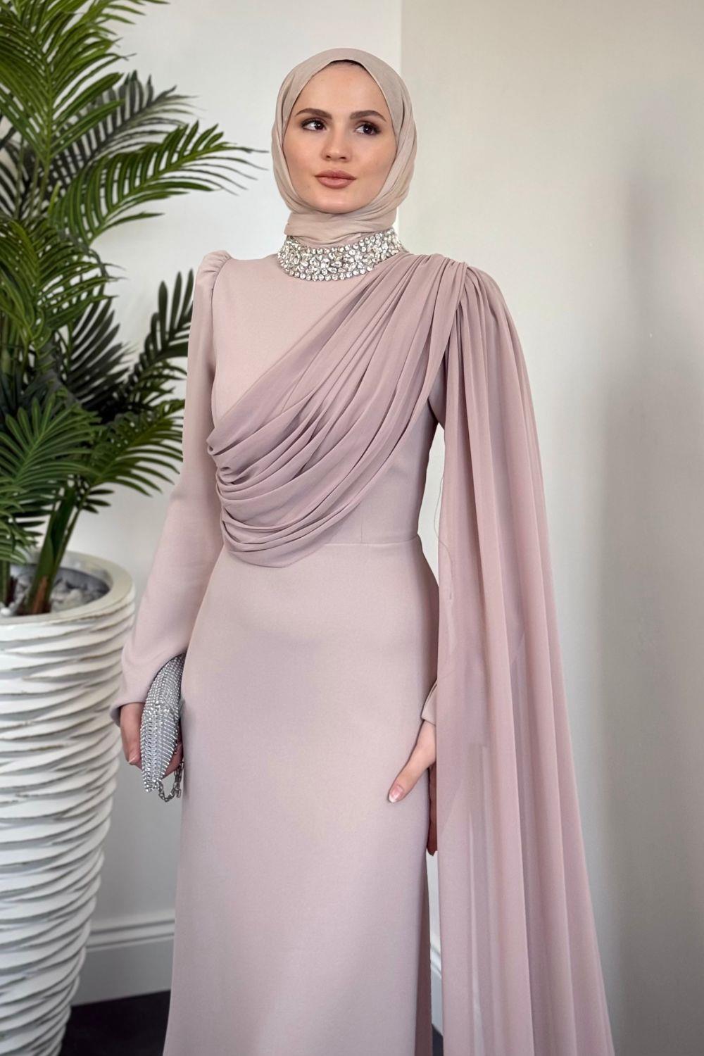 Olara Yandan Pelerinli Abiye Bej 10032 