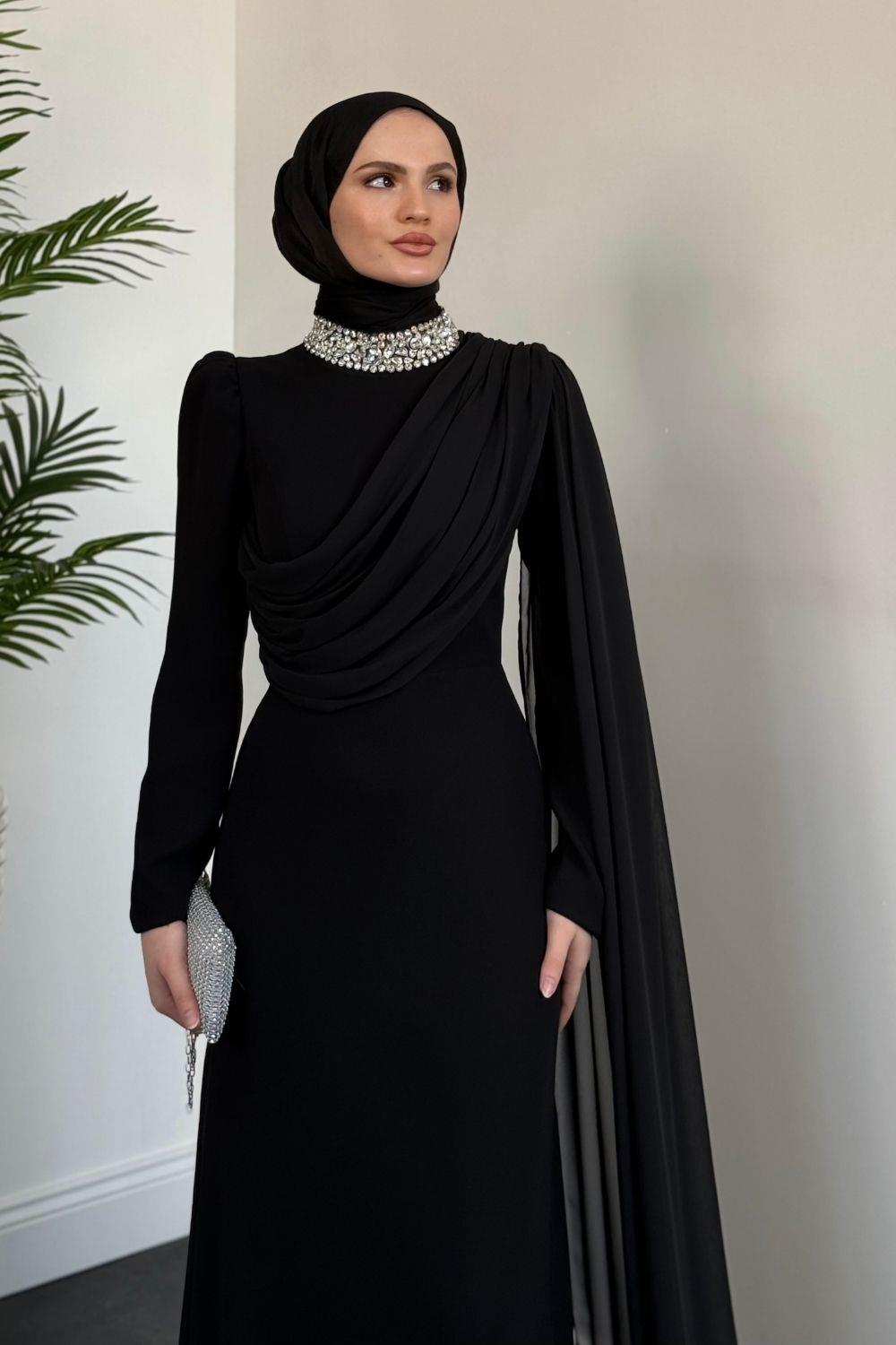Olara Yandan Pelerinli Abiye Siyah 10032 