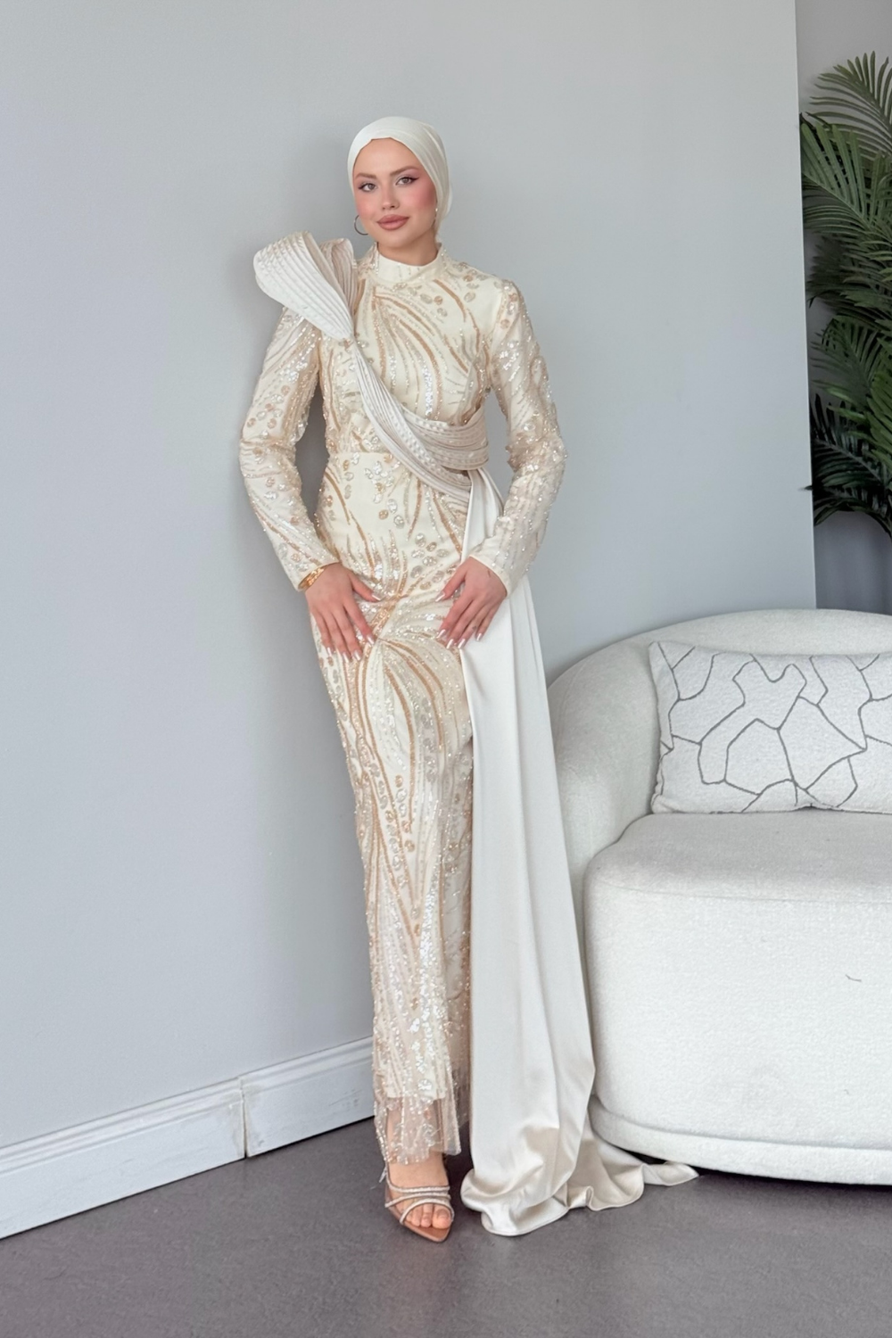 Lale Kristal Drapeli Abiye Ekru 10033 