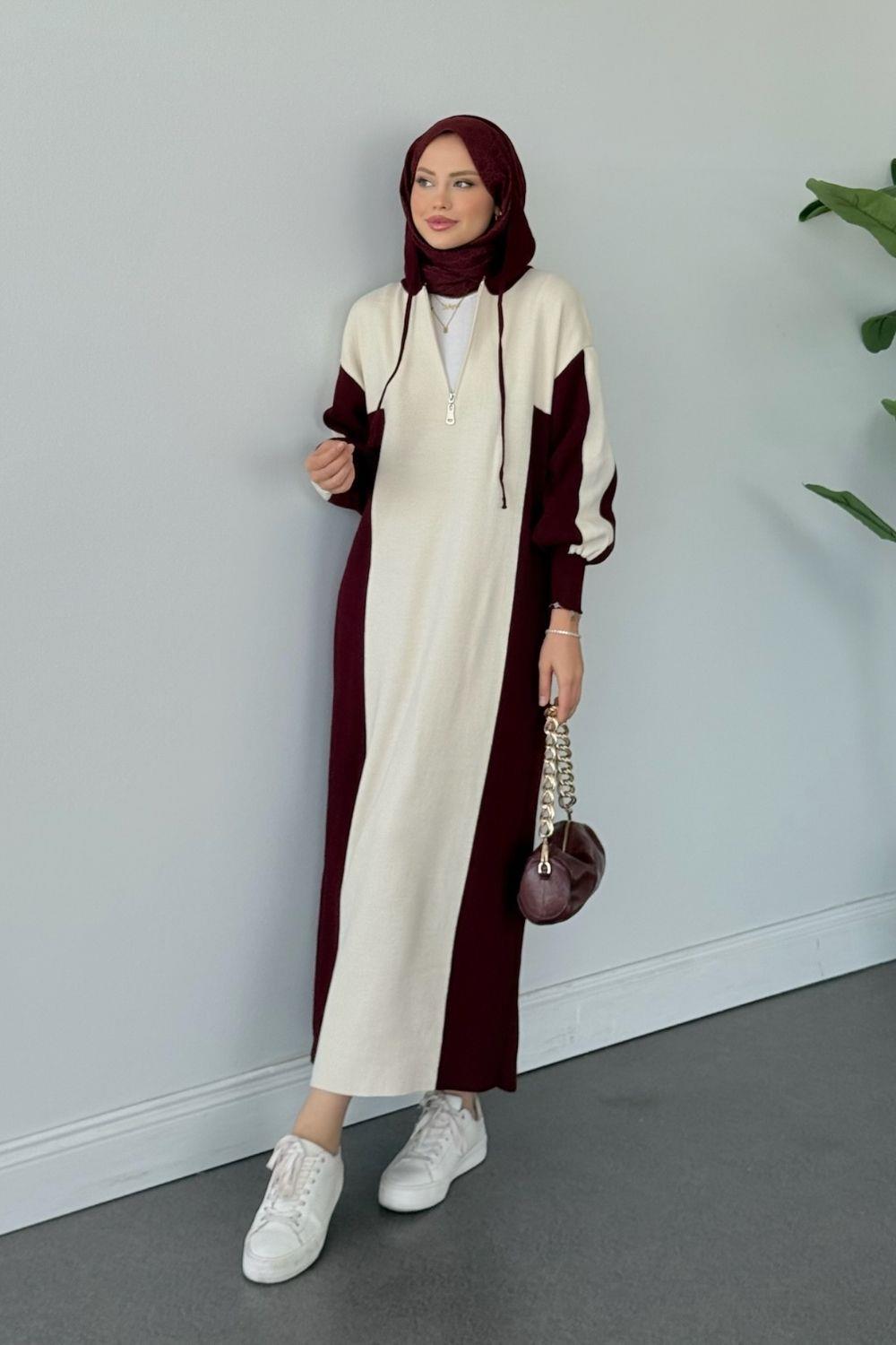 Samira Kapüşonlu Spor Triko Elbise Bordo 10035 