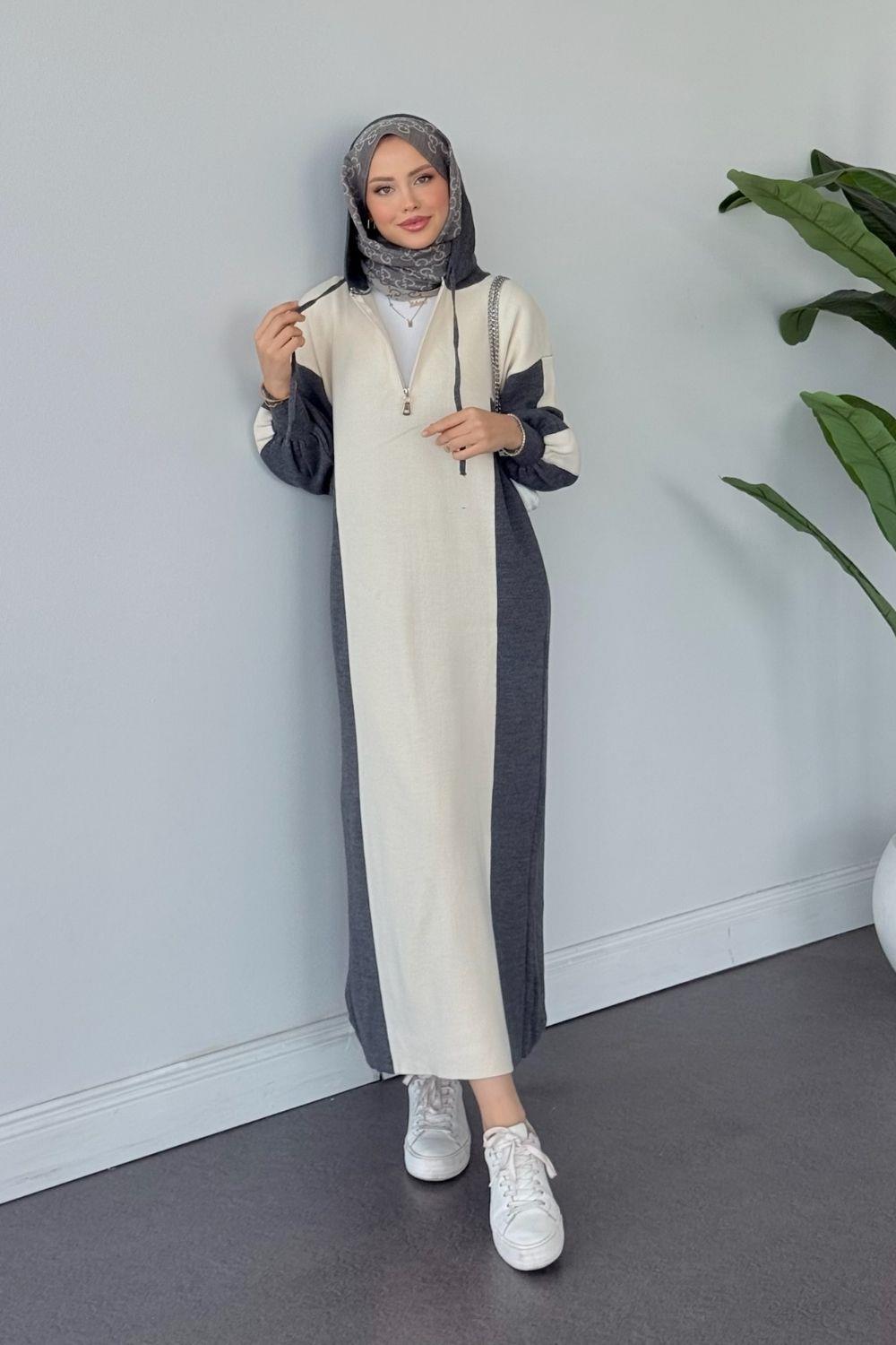 Samira Kapüşonlu Spor Triko Elbise Füme 10035 