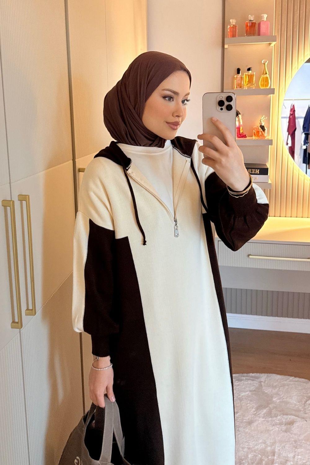 Samira Kapüşonlu Spor Triko Elbise Kahverengi 10035 
