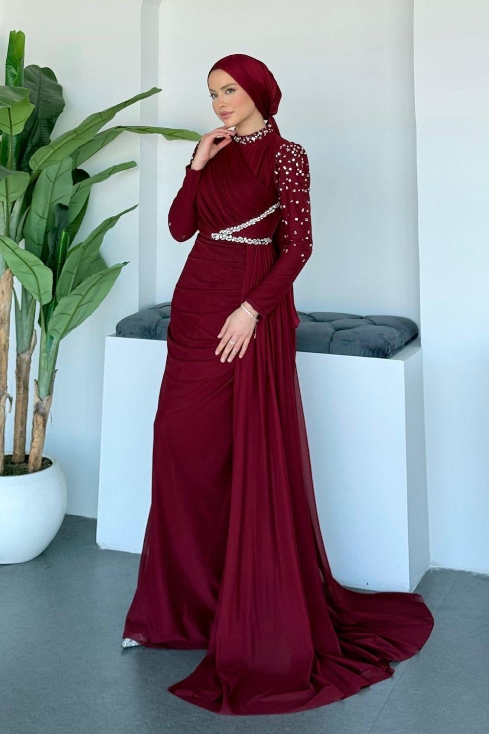 Ava Kolları Taşlı Abiye Bordo 10046 