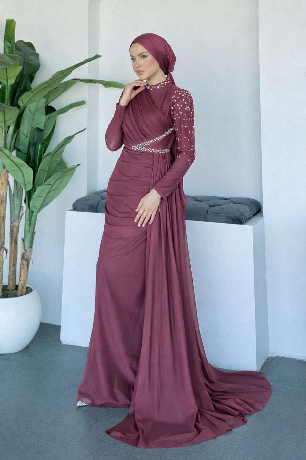 Ava Kolları Taşlı Abiye Gül Kurusu 10046 