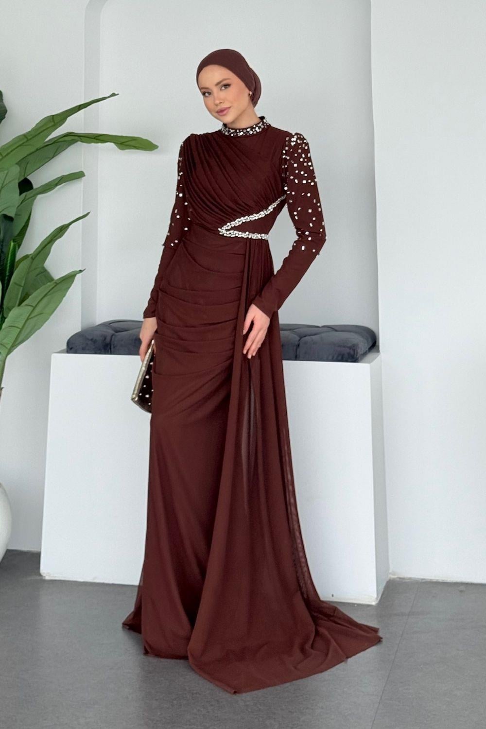 Ava Kolları Taşlı Abiye Kahverengi 10046 