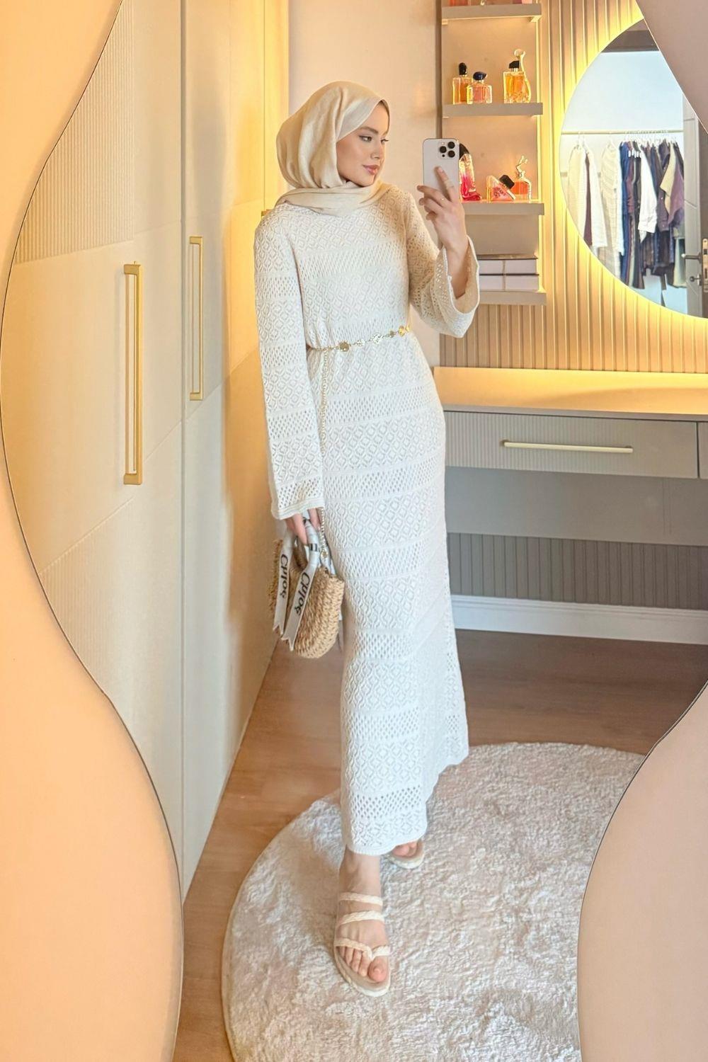 Ajur Örme Elbise Ekru 10053 
