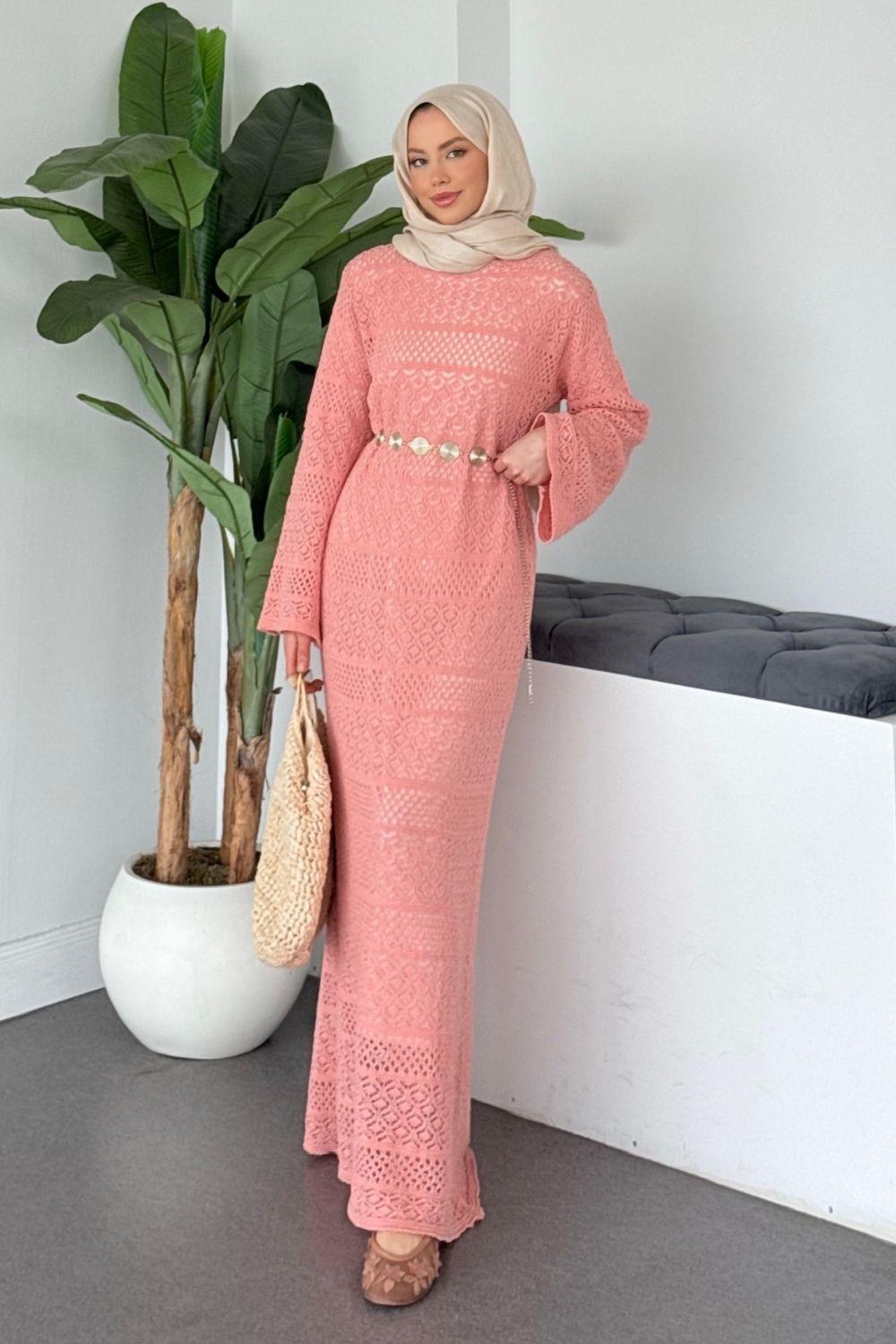 Ajur Örme Elbise Pembe 10053 