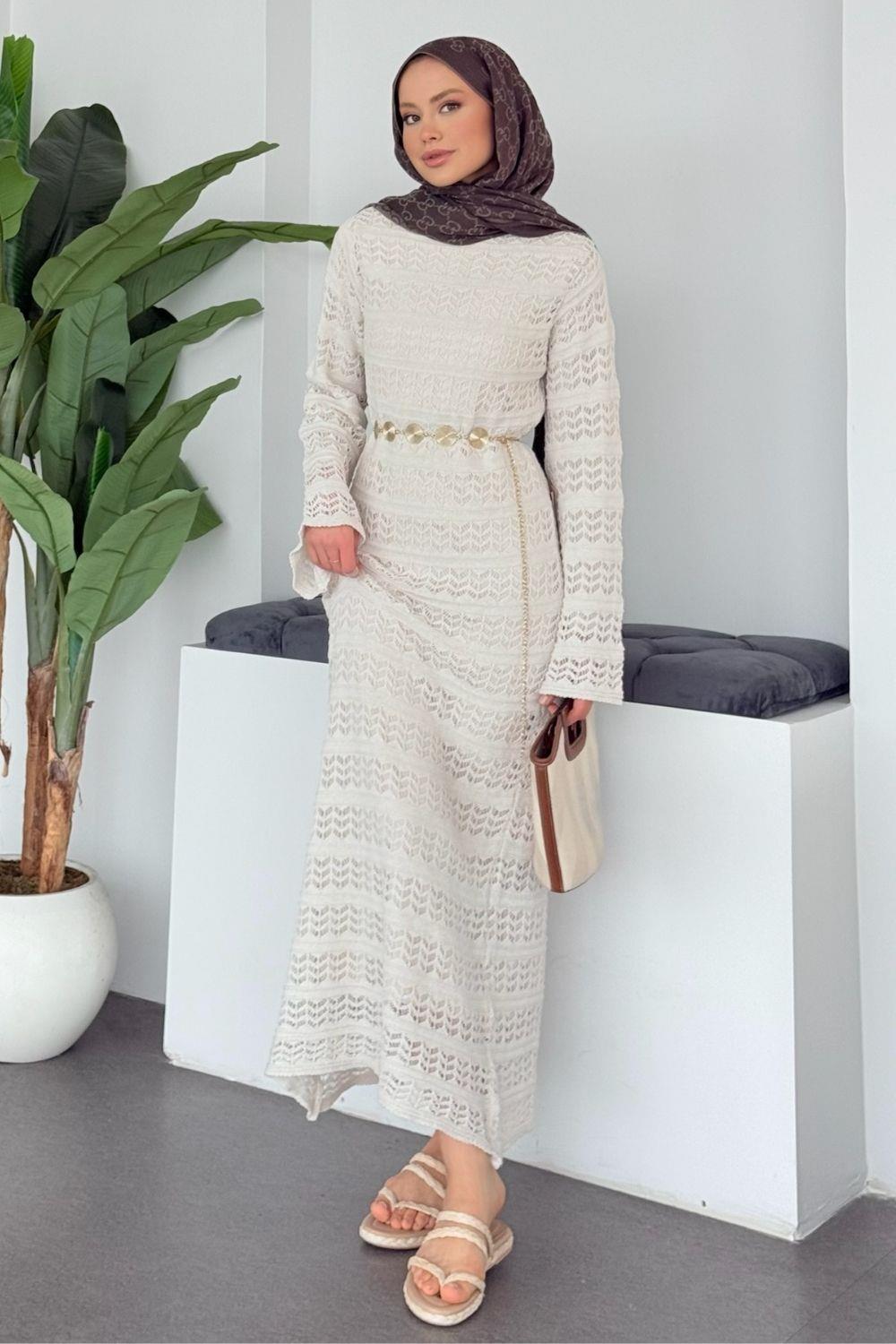 Manon Ajur Örme Elbise Ekru 10054 