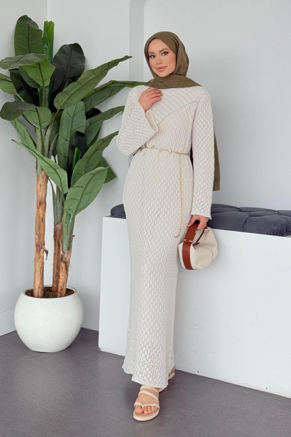 Asimetrik Ön Dty Ajur Örme Elbise Ekru 10055 